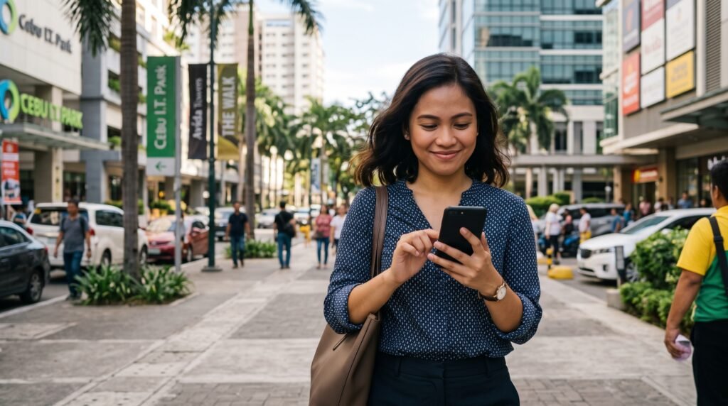 Woman walking while using her phone